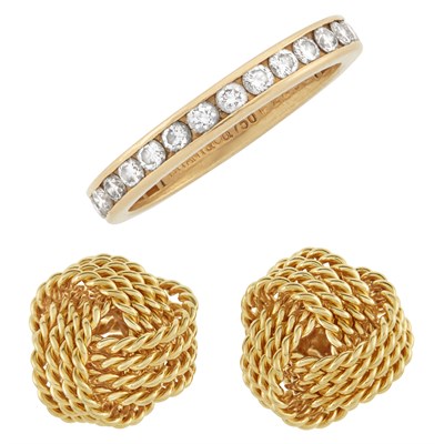 Lot 89 - Gold and Diamond Band and Pair of Gold Knot Earrings, Tiffany & Co.
