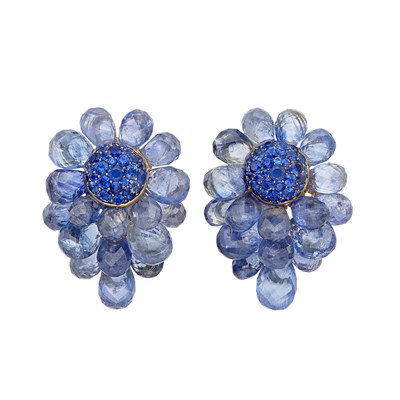 Lot 450 - Pair of Gold, Sapphire Briolette and Sapphire Cluster Earclips