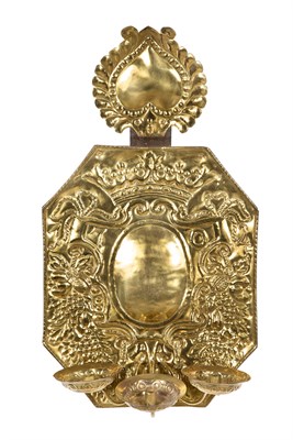 Lot 414 - Dutch Brass Large Three-Light Wall Sconce...