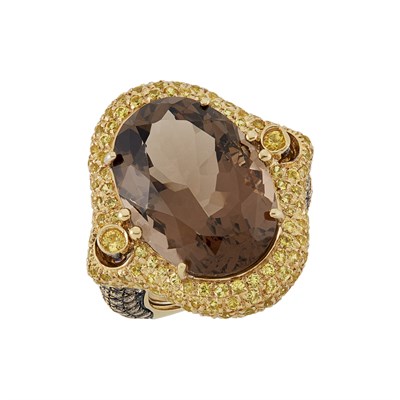 Lot 165 - Two-Color Gold, Smoky Quartz and Colored Diamond Ring