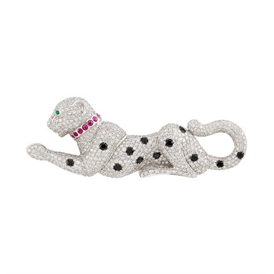 Lot 105 - White Gold, Diamond, Black Diamond, Cabochon Ruby and Emerald Cheetah Brooch