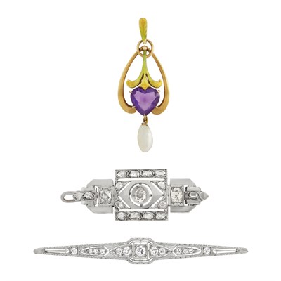 Lot 27 - Two White Gold, Platinum and Diamond Pins and Art Nouveau Gold, Amethyst, Pearl and Enamel Pendant