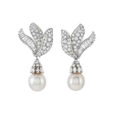 Lot 491 - Pair of Platinum, Diamond and Cultured Pearl Pendant Earclips