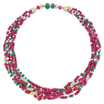 Lot 315 - Multistrand Ruby and Emerald Bead, Cultured Pearl, Gold and Diamond and Necklace, Bulgari