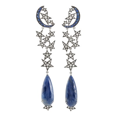 Lot 254 - Pair of Blackened Gold, Sapphire and Diamond Stars and Moon Pendant Earrings