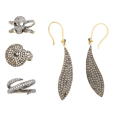 Lot 1539 - Three Blackened Gold, Diamond and Colored Diamond Rings and Pair of Silver and Simulated Diamond Pendant Earrings