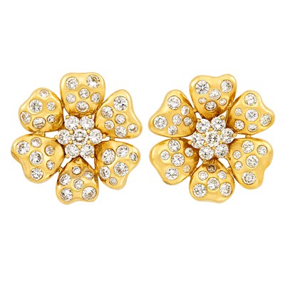 Lot 95 - Pair of Gold and Diamond Flower Earclips, Seaman Schepps