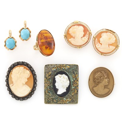 Lot 1610 - Group of Gold, Silver, Metal, Cameo, Amber and Turquoise Composite Jewelry