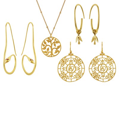 Lot 234 - Two Pairs of Gold and a Pair of Gold and Ruby Earrings and Silver Gilt Pendant and Chain