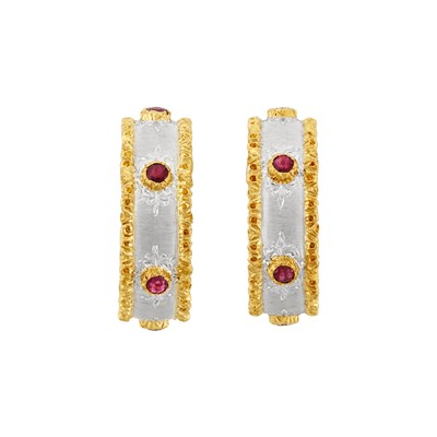 Lot 300 - Pair of Two-Color Gold and Ruby Hoop Earrings, Buccellati