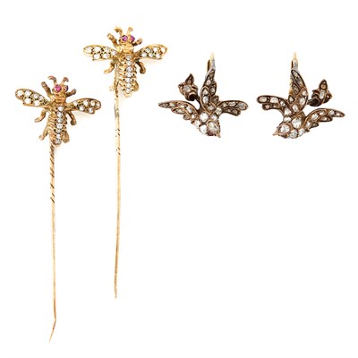 Lot 1534 - Pair of Gold, Diamond and Gem-Set Bird Earrings and Bee Stick Pins