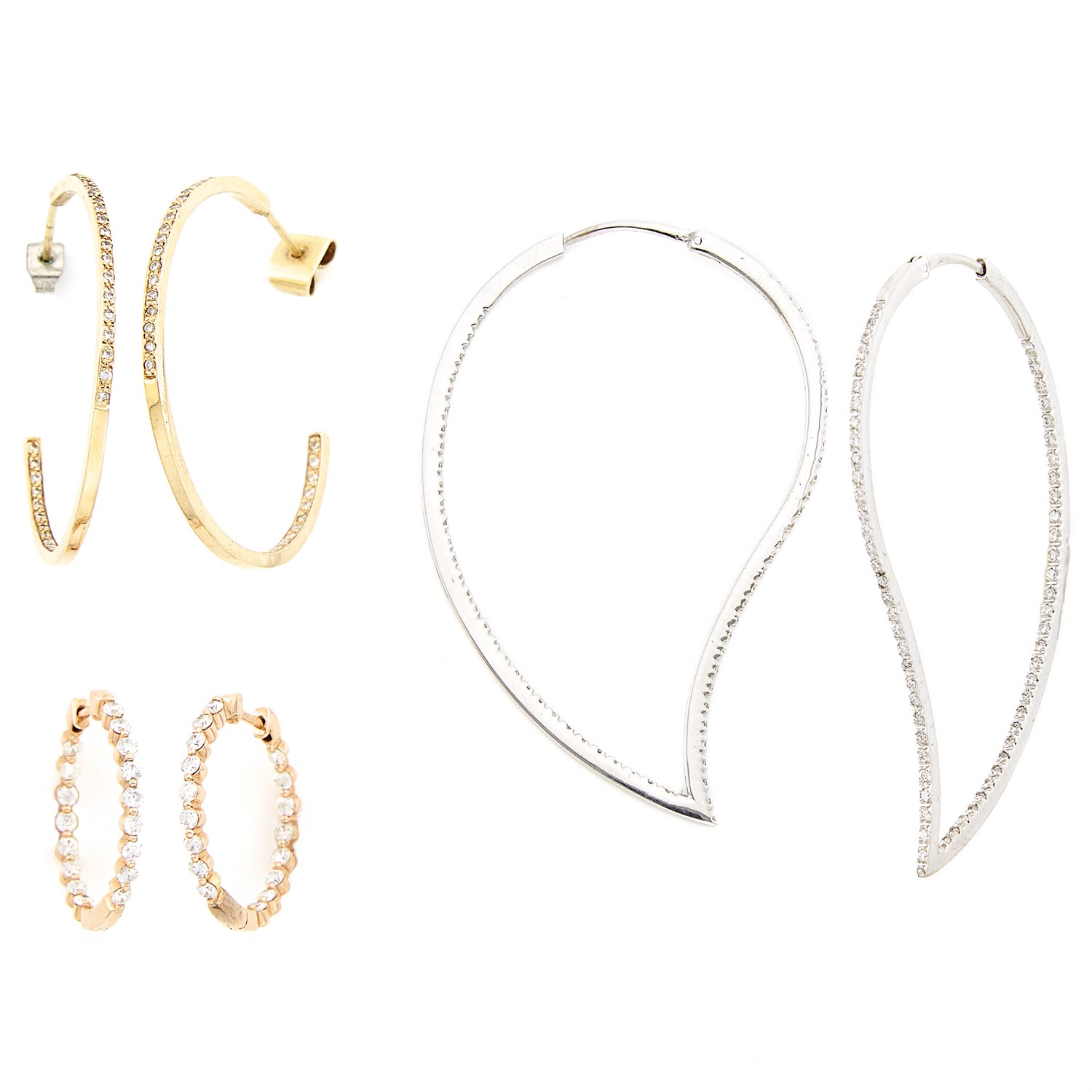 Lot 1484 - Three Pairs of Gold and Diamond Hoop Earrings