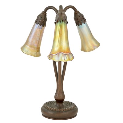 Lot 494 - Tiffany Studios Bronze Three-Light Pond Lily...