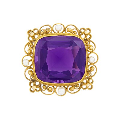 Lot 499 - Antique Gold, Amethyst and Pearl Pin