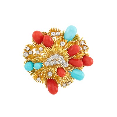 Lot 17 - Gold, Platinum, Diamond, Coral and Turquoise Clip-Brooch, Tiffany & Co.