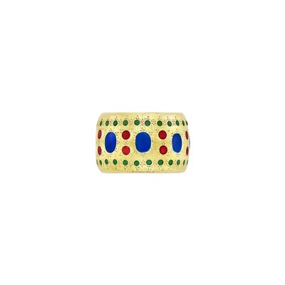 Lot 173 - Wide Gold and Multicolored Plique-a-Jour Enamel Band Ring, Buccellati