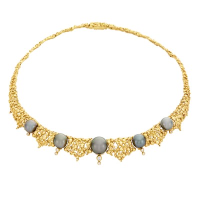 Lot 100 - Gold, Tahitian Black Cultured Pearl and Diamond Necklace, Gilbert Albert