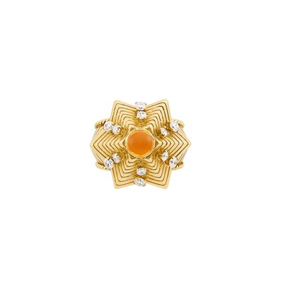Lot 309 - Gold, Cabochon Citrine and Diamond Dome Ring