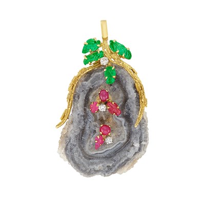 Lot 198 - Gold, Drusy Agate, Cabochon Ruby, Carved Ruby and Emerald and Diamond Pear Pendant-Brooch, Andrew Grima