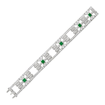 Lot 488 - Art Deco Platinum, Emerald and Diamond Bracelet, Cartier