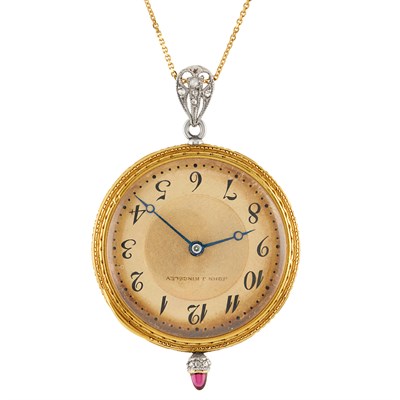 Lot 324 - Antique Platinum, Gold, Ruby and Diamond Watch  Pendant and Chain