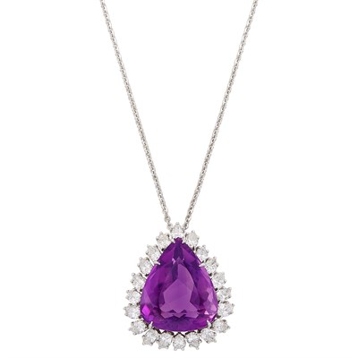 Lot 644 - White Gold, Amethyst and Diamond Pendant with Chain Necklace