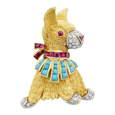 Lot 4 - Gold, Turquoise, Ruby and Diamond Dog Clip-Brooch