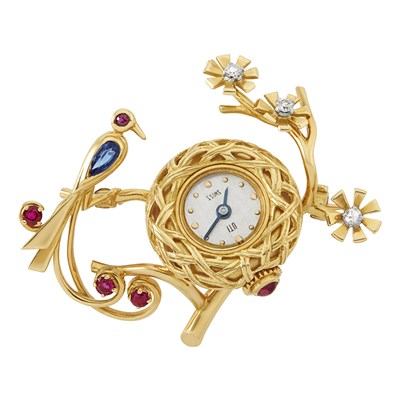 Lot 316 - Two-Color Gold and Gem-Set Bird's Nest Lapel-Watch, Uti, Paris