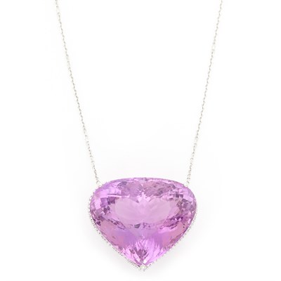 Lot 1542 - White Gold, Kunzite and Diamond Pendant with Chain