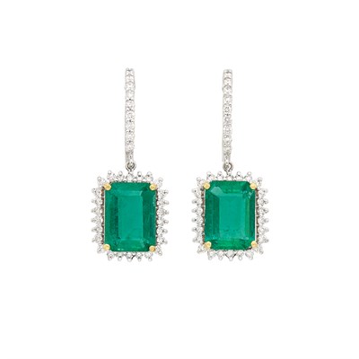 Lot 663 - Pair of White Gold, Emerald and Diamond Pendant-Earrings