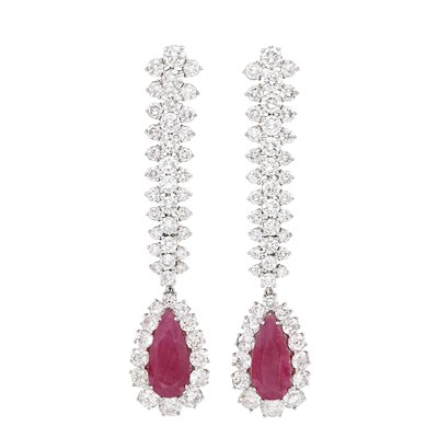 Lot 466 - Pair of Platinum, Ruby and Diamond Pendant-Earclips