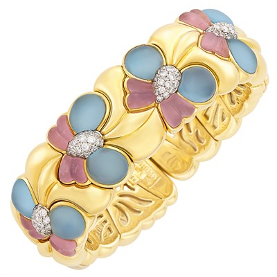Lot 87 - Tricolor Gold, Steel, Frosted Pink and Blue Chalcedony and Diamond Bangle Bracelet
