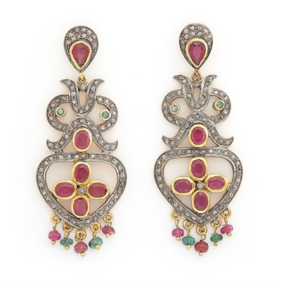 Lot 1097 - Pair of Silver, Gold, Diamond, Ruby and Emerald Bead Pendant-Earrings