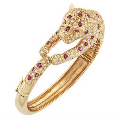 Lot 293 - Gold, Diamond and Ruby Panther Bracelet
