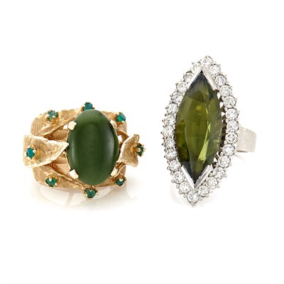Lot 294 - Two Two-Color Gold, Diamond, Chrysoberyl and Nephrite Rings