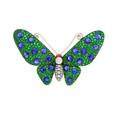 Lot 201 - Gold, Silver, Sapphire, Tsavorite Garnet, Diamond and Cabochon Ruby Butterfly Brooch