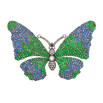 Lot 208 - White Gold, Sapphire, Tsavorite Garnet and Diamond Butterfly Brooch