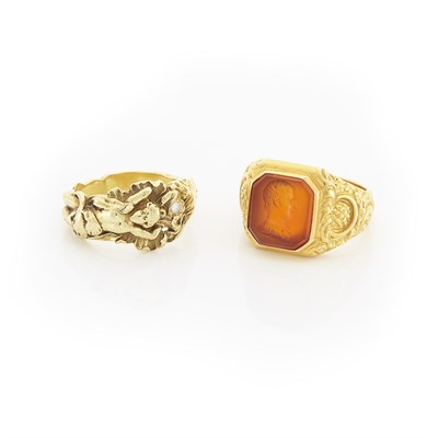 Lot 338 - Gentleman's Gold and Carnelian Intaglio Ring and Art Nouveau Gold and Diamond Ring