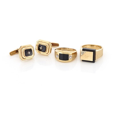 Lot 1563 - Two Gentleman's Gold, Black Onyx and Diamond Rings and Pair of Cufflinks