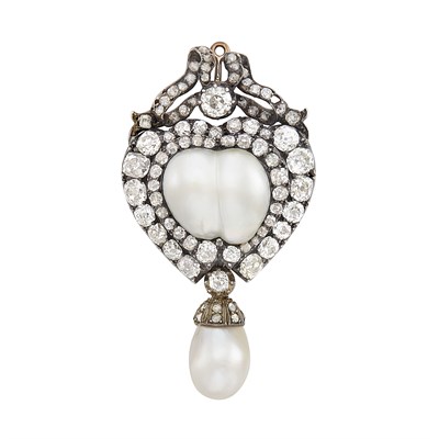 Lot 290 - Antique Silver, Gold, Natural Pearl and Diamond Pendant-Brooch