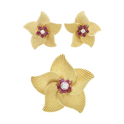 Lot 456 - Gold, Ruby and Diamond Flower Clip-Brooch and Pair of Earclips, Cartier