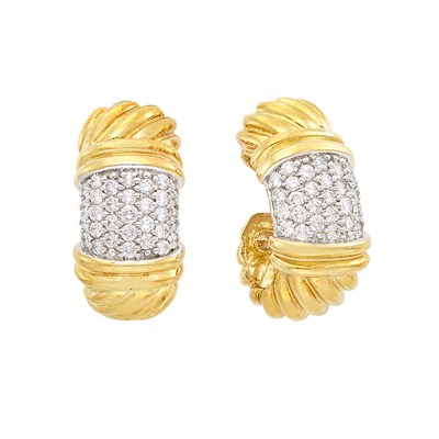 Lot 519 - Pair of Two-Color Gold and Diamond Half-Hoop Earrings, David Yurman