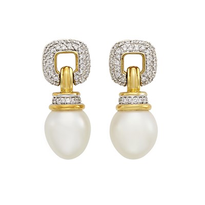 Lot 193 - Pair of Two-Color Gold, Diamond and South Sea Cultured Pearl Pendant-Earrings, David Yurman