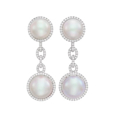 Lot 58 - Pair of White Gold, South Sea Cultured Pearl and Diamond Pendant-Earrings