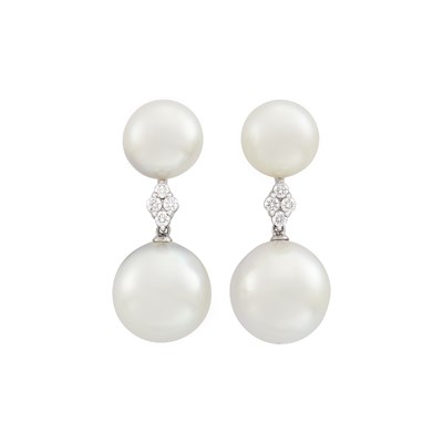 Lot 47 - Pair of White Gold, South Sea Cultured Pearl and Diamond Pendant-Earrings