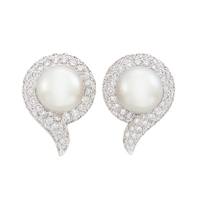 Lot 276 - Pair of Platinum, South Sea Cultured Pearl and Diamond Earrings