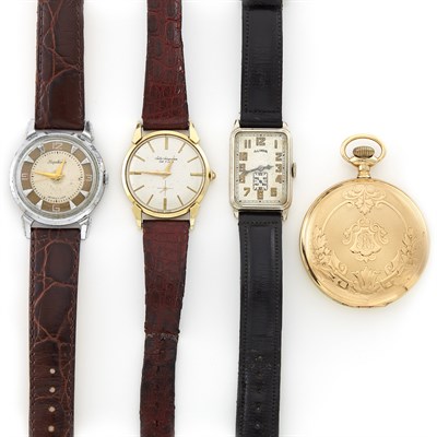 Lot 1573 - Three Gold-Filled, Stainless Steel and Gold Gentleman's Wristwatches and Gold Hunting Case Pocket Watch
