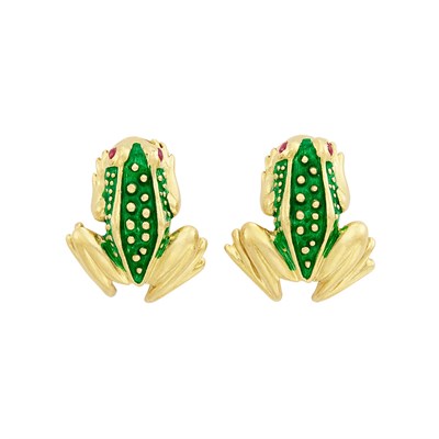 Lot 12 - Pair of Gold, Green Enamel, and Cabochon Ruby Frog Earclips, Boris LeBeau