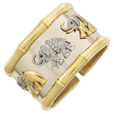 Lot 431 - Two-Color Gold, Diamond and Sapphire Elephant Bangle Bracelet