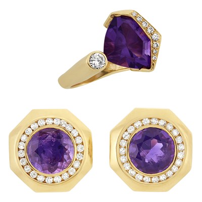 Lot 162 - Pair of Gold, Amethyst and Diamond Earrings and Ring